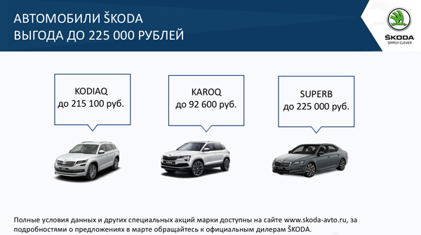 ВЫГОДНЫЕ УСЛОВИЯ НА ПОКУПКУ АВТОМОБИЛЕЙ SKODA В МАРТЕ